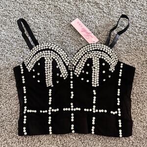 Lydia U.S.A. Black Rhinestone Embellished Bustier Crop Bra NEW with Tags SZ Med